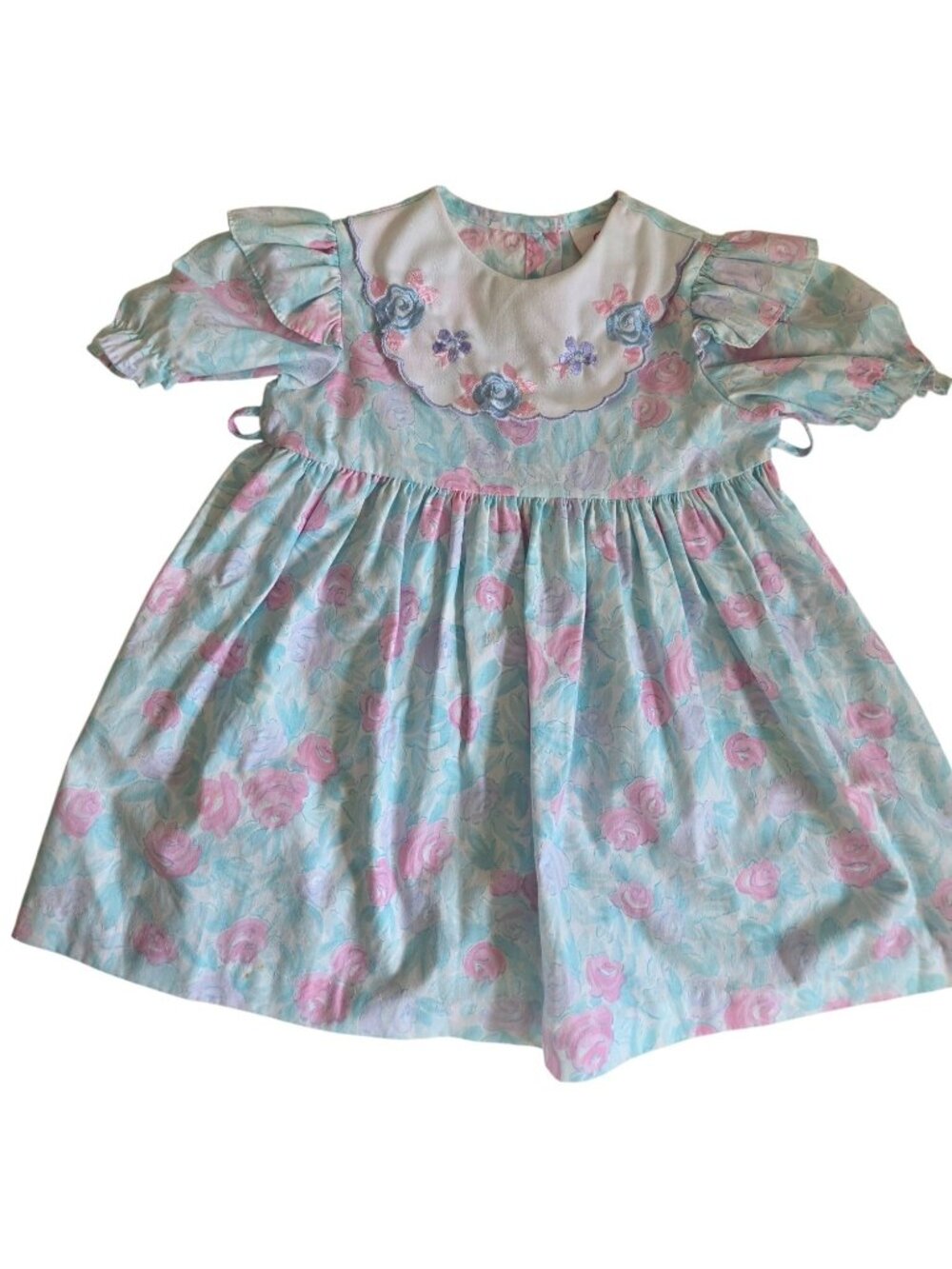 Vtg. K.L.L. Floral Dress Embroidered Collar Girls Size 4 Pastel 80's Made In USA